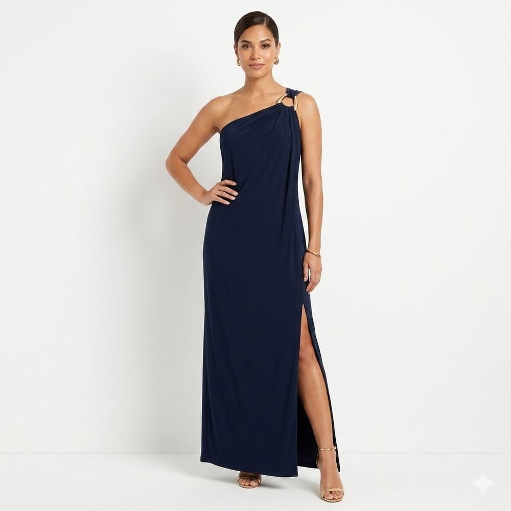Michael Kors Elegant One Shoulder Gold Accent Black Jersey Gown L Quiet Luxury